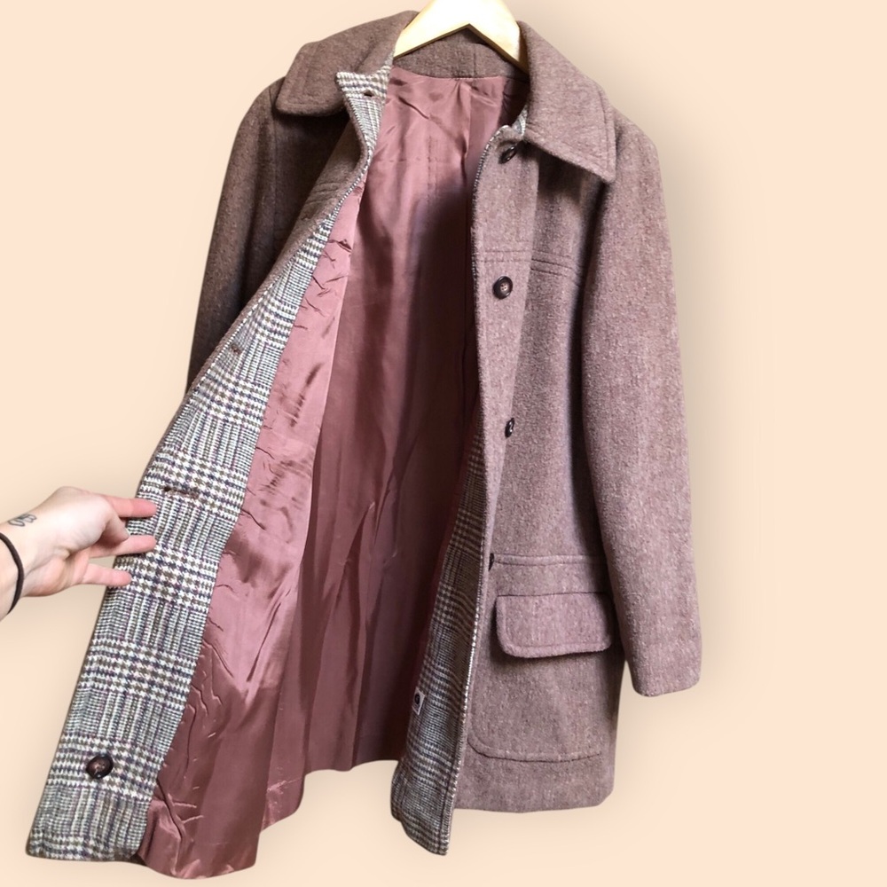 Vintage 60s Wool Pea Coat Mauve Pink Plaid Lining Pockets Retro Women’s M/L - Picture 6 of 14
